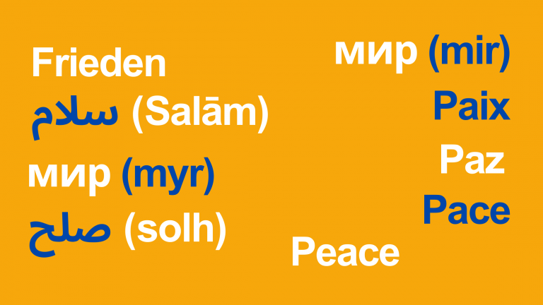 Grafik mit orangefarbenem Hintergrund, die das Wort ‚Frieden‘ in verschiedenen Sprachen zeigt.