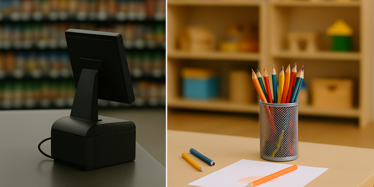 Geteiltes Bild mit Kassenterminal im Supermarkt links und Buntstiften im Klassenzimmer rechts.