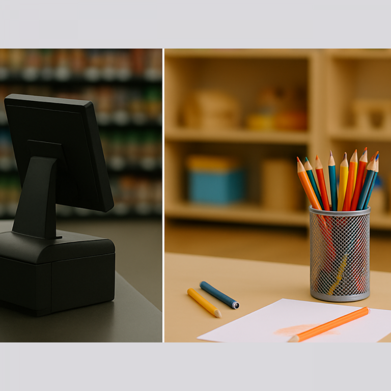 Geteiltes Bild mit Kassenterminal im Supermarkt links und Buntstiften im Klassenzimmer rechts.