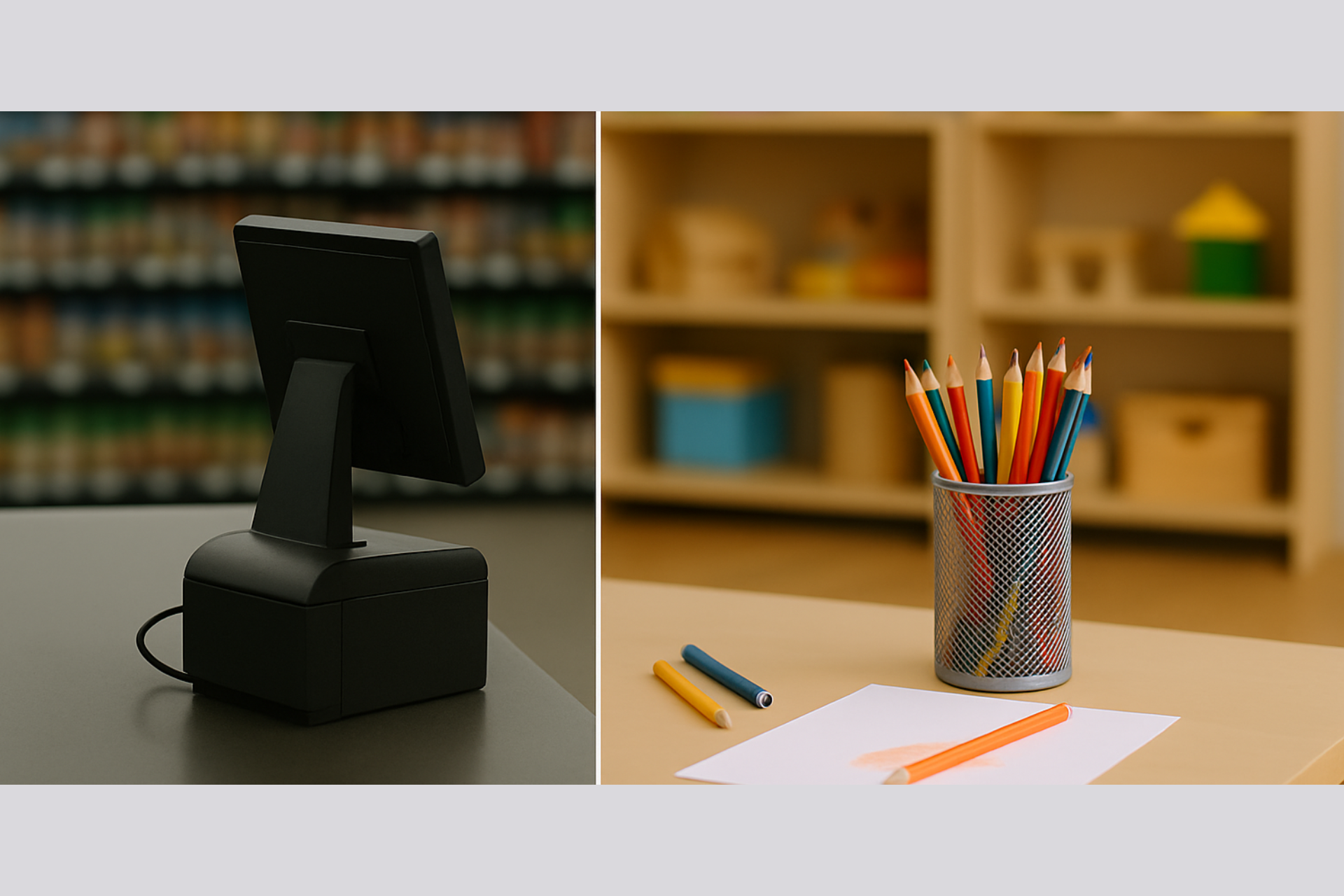 Geteiltes Bild mit Kassenterminal im Supermarkt links und Buntstiften im Klassenzimmer rechts.