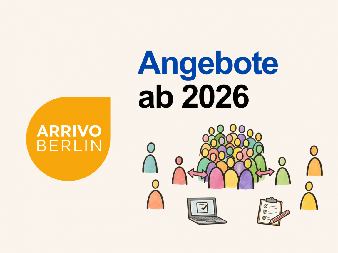 Grafik mit der Überschrift „Angebote ab 2026“ und dem Logo „ARRIVO BERLIN“. Dargestellt ist eine Gruppe von Personen mit Pfeilen, die Beteiligung und Austausch symbolisieren. Daneben sind einzelne Personen sowie Symbole eines Laptops und einer Checkliste zu sehen, die für Angebote, Organisation und Beteiligungsprozesse stehen.