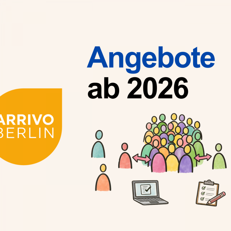 Grafik mit der Überschrift „Angebote ab 2026“ und dem Logo „ARRIVO BERLIN“. Dargestellt ist eine Gruppe von Personen mit Pfeilen, die Beteiligung und Austausch symbolisieren. Daneben sind einzelne Personen sowie Symbole eines Laptops und einer Checkliste zu sehen, die für Angebote, Organisation und Beteiligungsprozesse stehen.