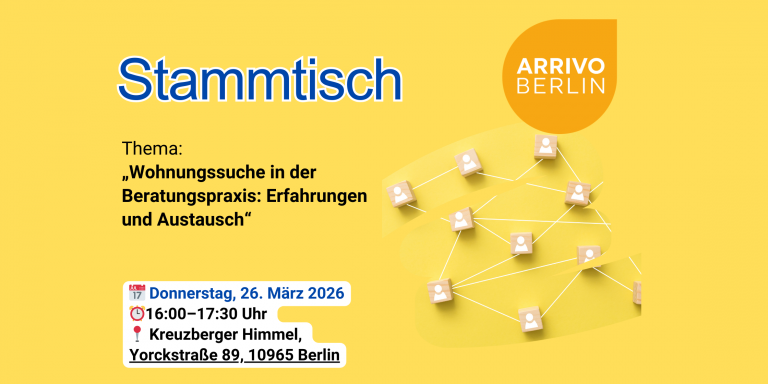 Stammtisch_2_Banner Einladung zum zweiten ARRIVO BERLIN Stammtisch. Thema: Wohnungssuche in der Beratungspraxis – Erfahrungen und Austausch.