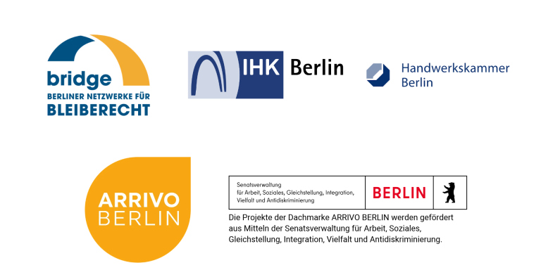 Logos von ARRIVO BERLIN, bridge – Berliner Netzwerke für Bleiberecht, IHK Berlin und Handwerkskammer Berlin