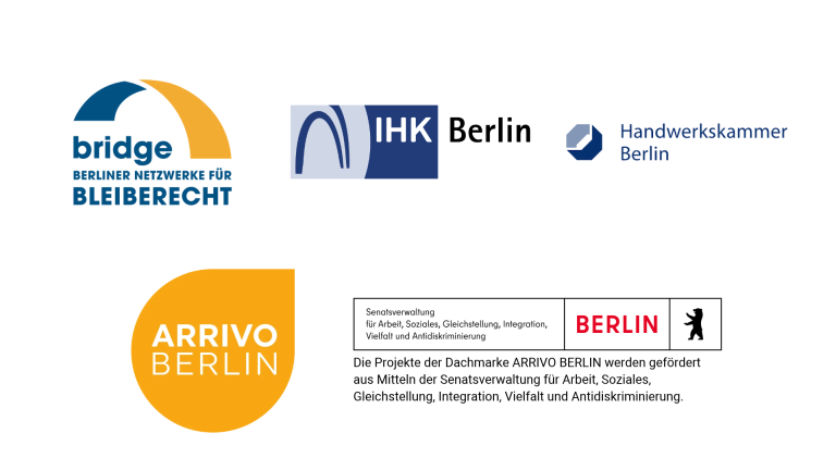 Logos von ARRIVO BERLIN, bridge – Berliner Netzwerke für Bleiberecht, IHK Berlin und Handwerkskammer Berlin